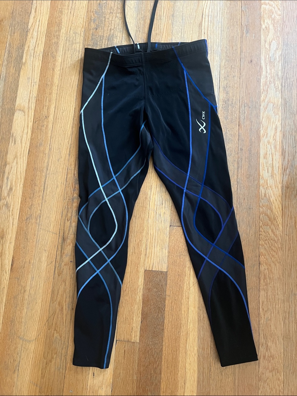 CW-X Black Compression Leggings with Blue and Gray Wave Accents